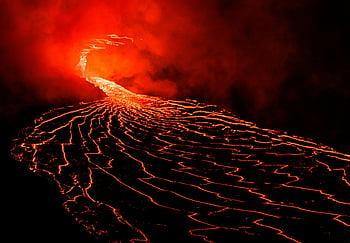 lava flow, volcano eruption, night sky, fiery reds, intense heat, volcanic activity, natural phenomenon, geology, molten rock, landscape photography, eruption scene