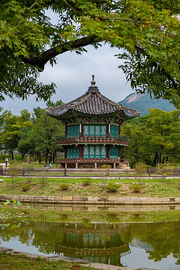 Pavilon Hyangwonjeong, rybník, kulturní dědictví, park, palác gyeongbokgung, Soul, korejské architektury, Jižní Korea, palác, kulturní památka