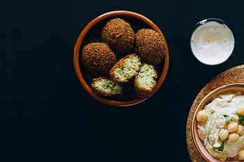 falafel, hummus, tzatziki sauce, vegan meals, overhead shot, fried falafels, creamy hummus, side dish, middle eastern cuisine, plant-based food, healthy eating