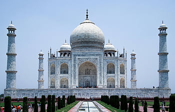 Taj Mahal, Agra, India, iconic architecture, clear blue sky, front view, majestic, close up, historical monument, white marble, minarets