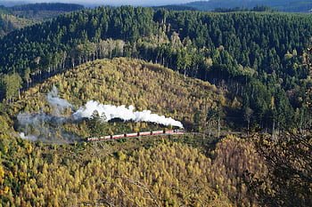 damp lokomotiv, tog, bjerge, træer, harpiks, brocken jernbane, stenbergskopf