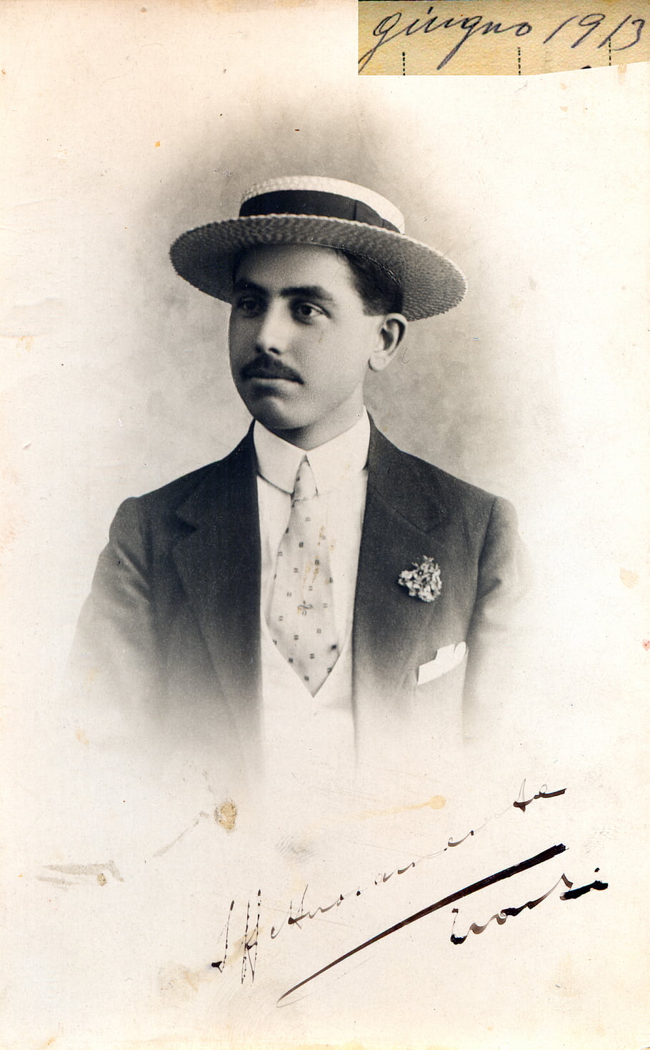 vintage, portrait, man, suit, tie, hat, flower, 1913, signature, formal, attire
