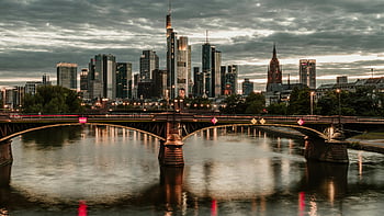 Frankfurt am Main, skyline, river reflections, twilight, city buildings, bridge, urban landscape, modern architecture, evening view, cityscape, Germany