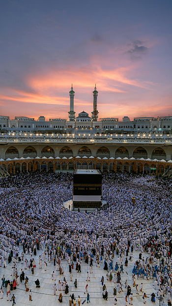Kaaba, la meca, gran Mezquita, Arabia Saudita, adoradores, vista aérea, puesta de sol, oscuridad, multitud, Peregrinación islámica, hajj