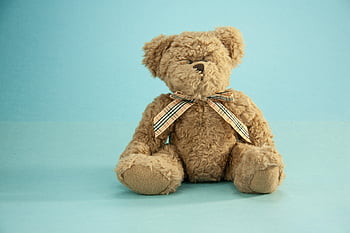 Medvídek, modrý povrch, Roztomilý nadýchaný, Plaid Ribbon, Témata z dětství, vycpané zvíře, Modré pozadí, měkká hračka, fotka medvídka, Obrázek medvídka