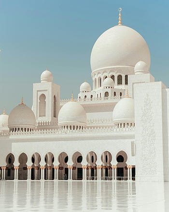 Sheikh Zayed Grand Mosque, Abu Dhabi, white mosque, majestic domes, clear sky, courtyard, Islamic architecture, white arches, grand mosque, UAE, Middle East