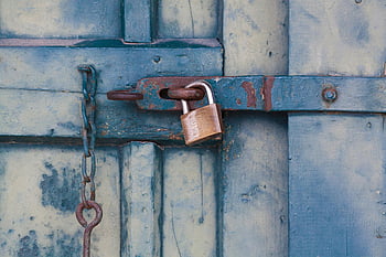 gold padlock, locking door, rusty padlock, blue wooden door, chain, bolt, close-up, security, metal lock, weathered door, vintage lock