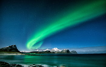 Northern Lights, aurora borealis, snow-capped mountains, Lofoten, Norway, breathtaking view, night sky, starry sky, natural phenomenon, winter landscape, Arctic lights