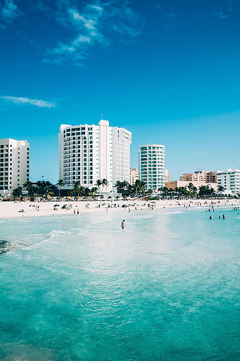 cancun, Mexiko, Hotely na pláži, moderní hotely, čiré modré vody, pohled, plážové scény, tropické destinace, místo pro dovolenou, Pobřežní architektura, bílé budovy
