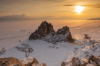 skalní útvary, jinovatka, jezero Bajkal, siberia, zimní, Rusko, sníh, Příroda, snowscape, zasněžený, západ slunce