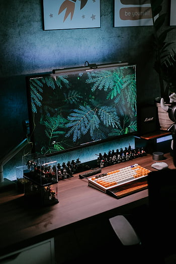 nastavení počítačového stolu, botanické pozadí monitoru, okolního osvětlení, klidný pracovní prostor, Minimalistický stůl, domácí kancelář, stolní příslušenství, počítačový monitor, klávesnice, myš, dekor stolu