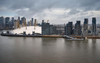 o2 Arena, greenwich Peninsula, thames River, cityscape, modern Buildings, urban Skyline, uk Architecture, canary Wharf, cloudy Sky, riverside, travel