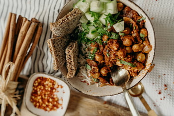mangkuk vegan, buncis, Nasi, timun, rempah segar, rempah-rempah, makanan sehat, berbasis tanaman, bahan alami, flatlay, fotografi makanan
