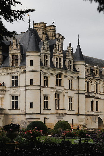 Chenonceau Castle, lush gardens, Loire Valley, France, majestic view, historic architecture, castle exterior, European castle, garden scenery, French chateau, scenic landscape