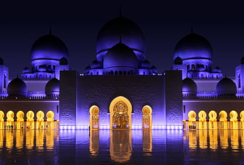 Sheikh Zayed Grand Mosque, Dubai, illuminated mosque, blue dome mosque, yellow lights, night reflections, serene night, grand mosque, mosque architecture, Islamic architecture, UAE landmarks