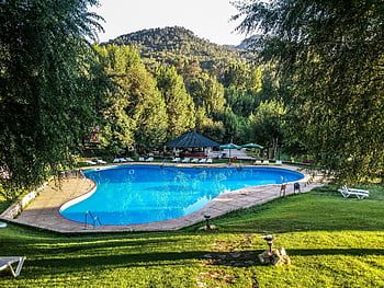 Green Grass Field, Swimming Pool, luxury resort, lush greenery, scenic hills, Jaén Spain, outdoor relaxation, natural setting, resort amenities, poolside lounge, day time relaxation