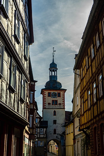 Cibulová věž, hrázděné domy, historický, budova, architektura, historické centrum, věž s fontánou, klingenberg, nižší franconia, bavaria, Německo