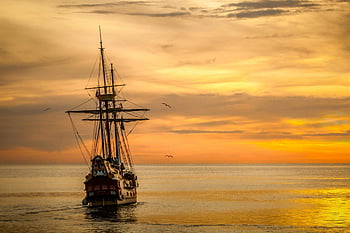nave pirata, andare in barca, mare, ora d'oro, tramonto, silhouette, acque serene, maestoso, drammatico, oceano, cielo