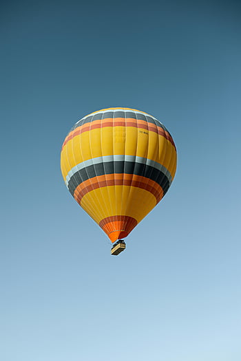 hot air balloon, colorful balloon, clear blue sky, travel, adventure, Turkey, gondola, striped balloon, aerial view, outdoor activity, sky view