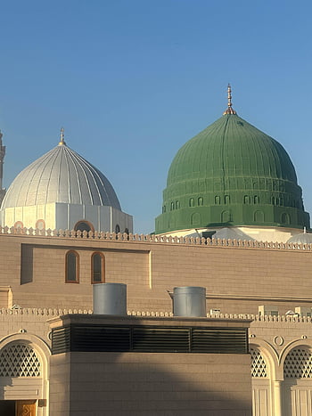 Al-Masjid An-Nabawi, madinah, Saudská arábie, zelená kopule, bílá kopule, Exteriér mešity, islámské architektury, nádherný výhled, náboženské budovy, střední východ, kopule