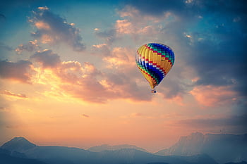 balón, horkovzdušný balón, jízda horkovzdušným balónem, výhled, mraky, nebe, západ slunce, hory, panoráma, dobrodružství, výlet