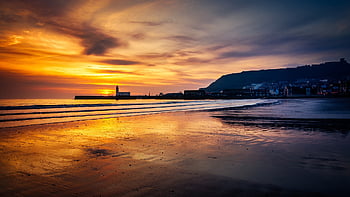 pláž, svítání, odliv, mokrý písek, odraz, moře, yorkshire, přímořská krajina, pobřeží, scarborough, písek