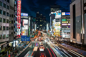 fotografia temporizată, centrul orasului, Shinjuku, Tokyo, noapte peisaj urban, lumini strălucitoare, Străzile pline de viață, scenă urbană, luminile orașului, traficul de noapte, Viața de noapte a orașului