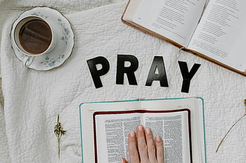 morning prayer, flat lay, Bible, coffee, PRAY letters, morning routine, prayer, spirituality, faith, still life, religious belief