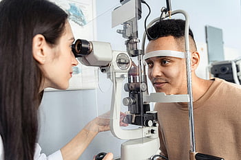 esame oculistico, optometrista, paziente, attrezzature specializzate, impostazione clinica, salute degli occhi, controllo della vista, visita medica, cura degli occhi, oftalmologia, oculista