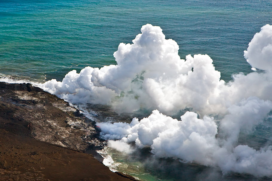 volcano, lava, smoke, plume, ocean, landscape, hawaii, usa, day, helicopter, filter
