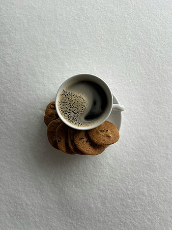 coffee, chocolate chip cookies, overhead shot, textured white surface, cup of coffee, chocolate cookies, coffee and cookies, white surface, coffee cup, chocolate chip, top view