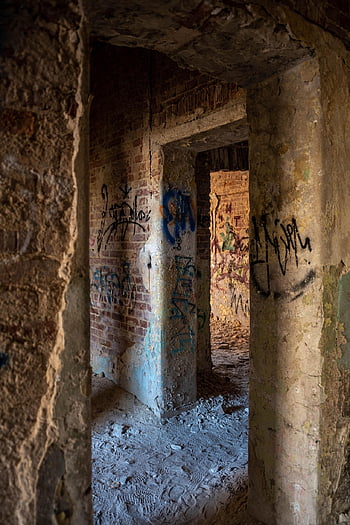버려진, 건물, 낙서, 낡은, 유적, 건축물, urbex