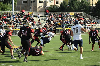 football players, football field, American football game, players in action, crowd watching, live game, sports action, team uniforms, field play, sports event, game day