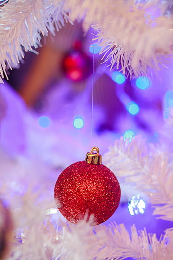 red Christmas bauble, close-up, sparkling ornament, white tree, festive lights, holiday decoration, Christmas decoration, red ornament, white Christmas tree, glittery bauble, festive season
