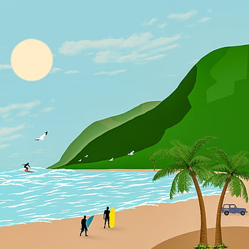 oceaan, golven, surfing, surfer, surfboard, natuur, kust-, meeuwen, palmbomen, jeep, auto-