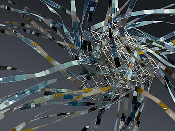 AI illustration, artificial intelligence, large language models, Tim West, Visualising AI, wireframe composition, dynamic ribbons, abstract 3D, benefits and flaws, artistic visualization, technology art