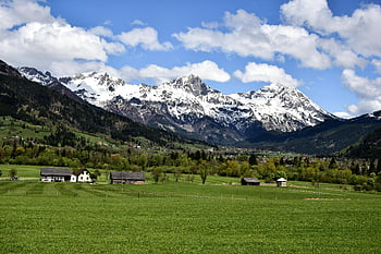 landscape photography, green grass field, snow capped mountains, alpine landscape, snowy mountains, scattered farmhouses, blue sky, rural scenery, mountain view, natural beauty, countryside view