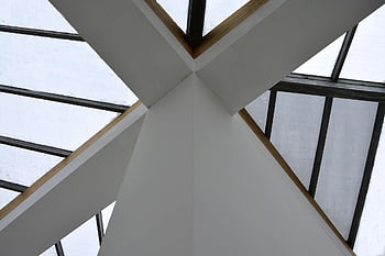 ceiling, indoors, architecture, tower, building, three, suporting, white, columns, transparent, glass