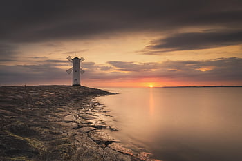 Baltské moře, maják, oceán, západ slunce, Příroda, památník, usedom, soumrak, dlouhé expozice, krajina