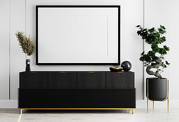 moderní interiér, prázdný rámeček obrázku, černý rám, bílé zdi, Elegantní výzdoba, rostlin, moderní design, minimalistický styl, Vzhled interiéru, domovní dekorace, černý nábytek