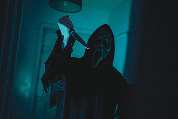 Ghostface, Horror, Halloween Costume, masked figure, knife, dark scene, eerie, horror film vibes, spooky, costume, thriller