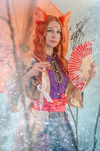 kitsune, cosplay, žena, Liška, zrzavé vlasy, dívka, fanoušek, Příroda, deštník, cosplayer, anime