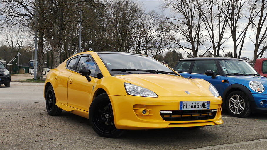 žluté auto, sportovní auto, MPM PS 160, mpm, PS160, poznávací značka, zaparkovaná auta, modré auto, venkovní nastavení, stromy, zatažená obloha