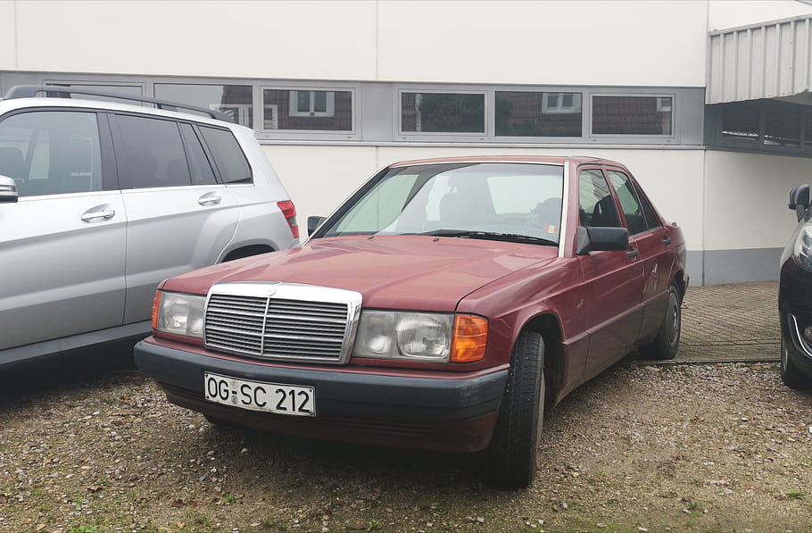 mercedes, 190d, starý, licence, desky, auto, Červené, zaparkováno, vozidlo, vinobraní, automobil
