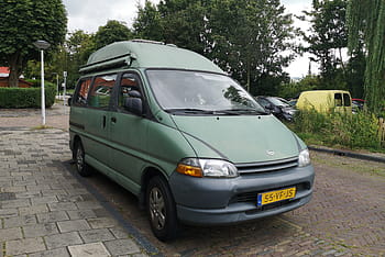 toyota, Hiace, 1999, furgone, verde, parcheggiata, Leiden, targa, 55-VF-JS, alberi, lampione