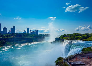 Niagara vízesés, köd, városkép, tiszta kék ég, vízesés, tájkép, természet, utazás, idegenforgalom, festői kilátás, víz spray