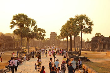 hostující, angkor wat, lidé, Kambodža, khmer