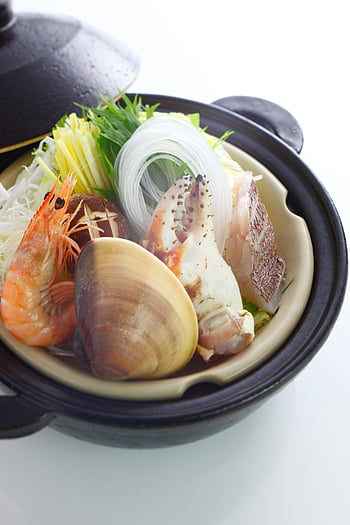 mořské plody hotpot, čerstvé krevety, měkkýšů, zelenina, Vynikající prezentace, miska z mořských plodů, horký hrnec, čerstvé suroviny, gurmánské jídlo, jídlo z mořských plodů, zdravé jídlo