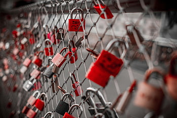 rotes Vorhängeschloss, Zyklonzaun, Maschendrahtzaun, Vorhängeschlösser lieben, Brücke, rot und silber, Liebe symbolisieren, Angefügte Vorhängeschloss, Kettenglied, Brückenzaun, Liebesschlösser