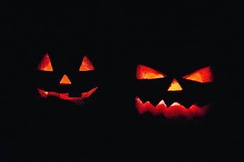 předvečer Všech svatých, jack-o'-lucerny, svítí, děsivý, temný, atmosféra, výzdoba, dýně, strašidelný, noc, řezba